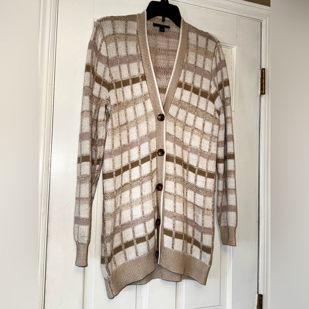 Ann Taylor Cream and Pink Checkered‎ Cardigan